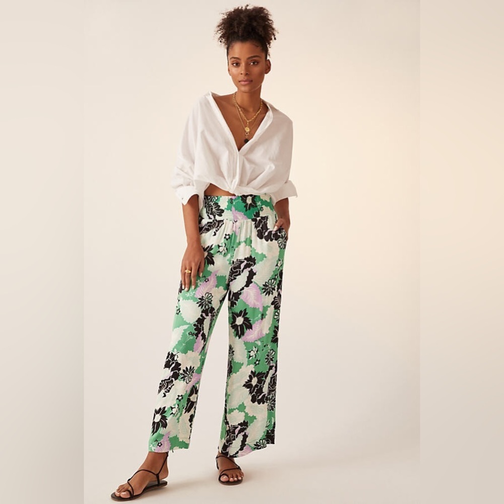 Maeve Printed Wide Leg Pants Sz L Green Floral Z541-24